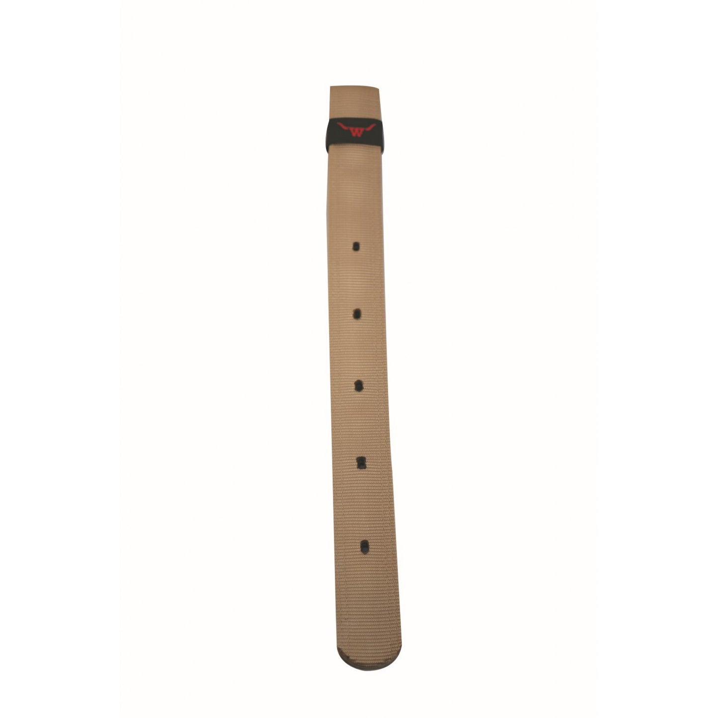 a tan nylon strap with holes and a red logo on a white background