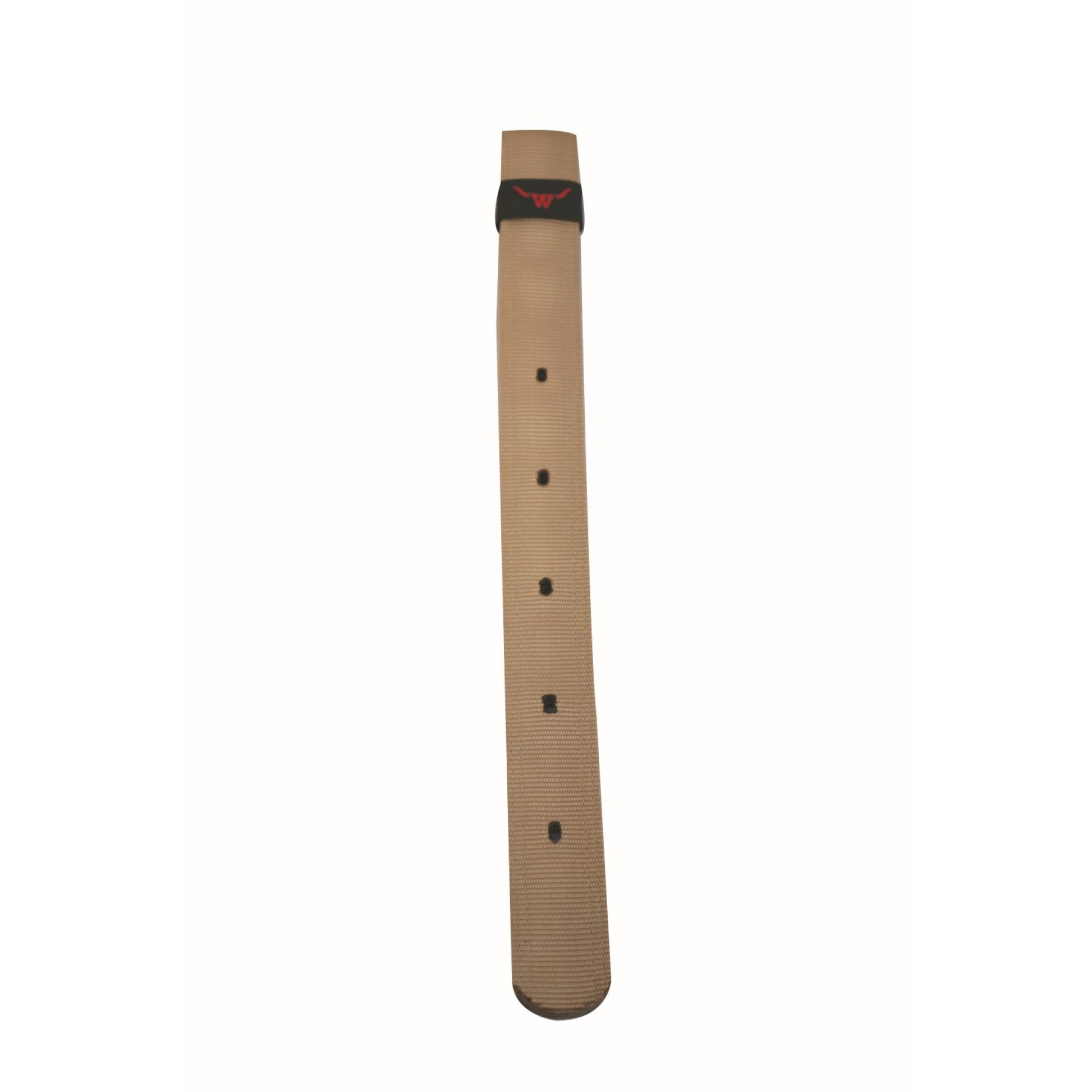 a tan nylon strap with holes and a red logo on a white background