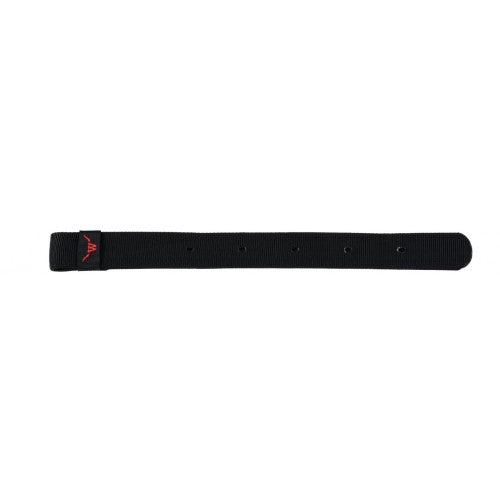 a black nylon strap with holes and a red logo on a white background