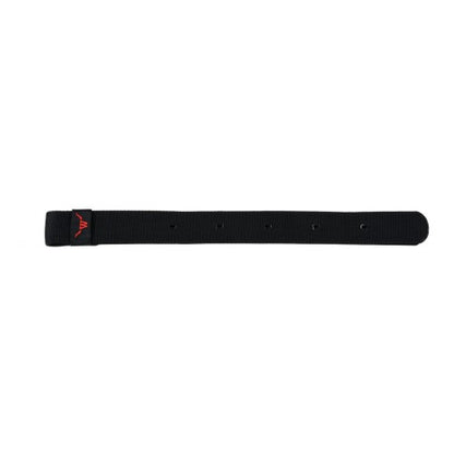 a black nylon strap with holes and a red logo on a white background