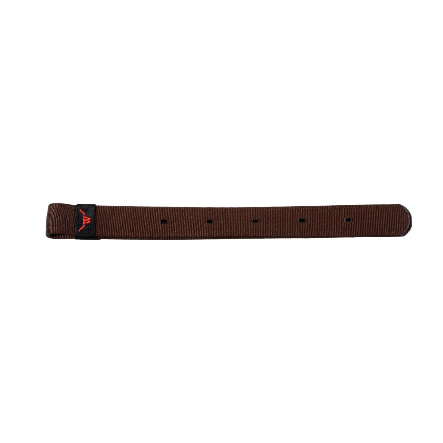 a brown nylon strap with holes and a red logo on a white background