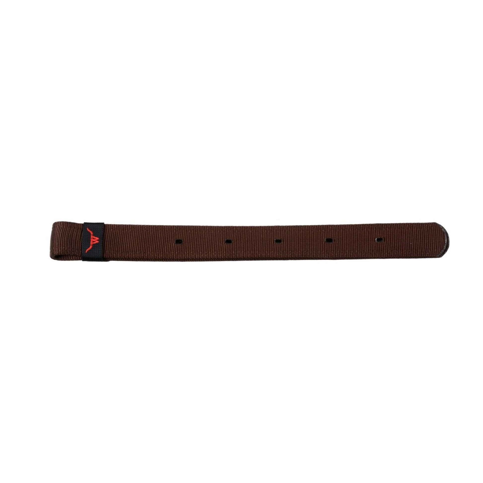 a brown nylon strap with holes and a red logo on a white background