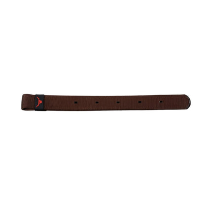 a brown nylon strap with holes and a red logo on a white background
