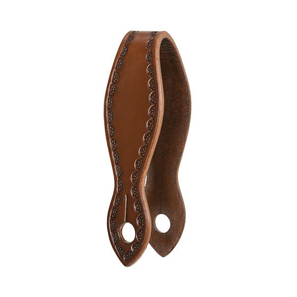 Brown leather slobber strap with pattern on a white background