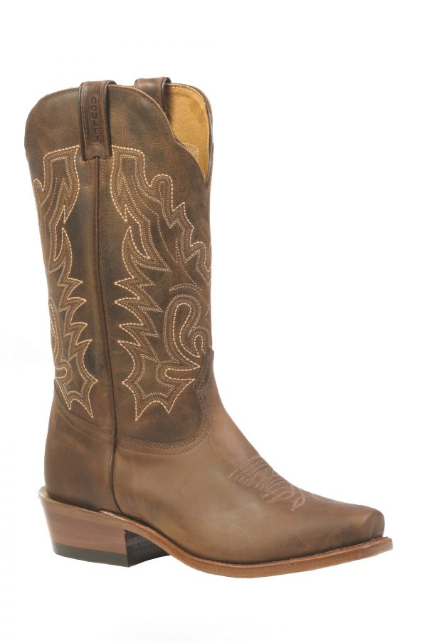 A brown Boulet women's cowboy boot with a narrow square toe, leather sole, and intricate embroidery on the upper.