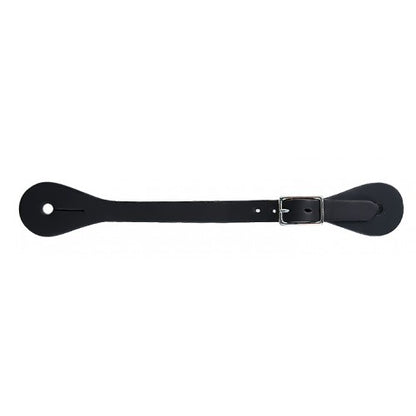 black leather spur strap with nickel plated buckle on a white background