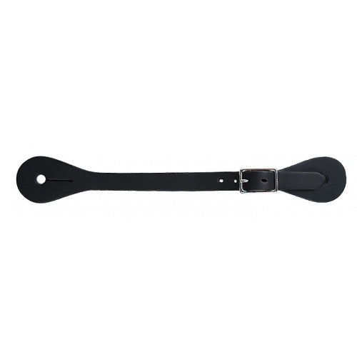 black leather spur strap with nickel plated buckle on a white background