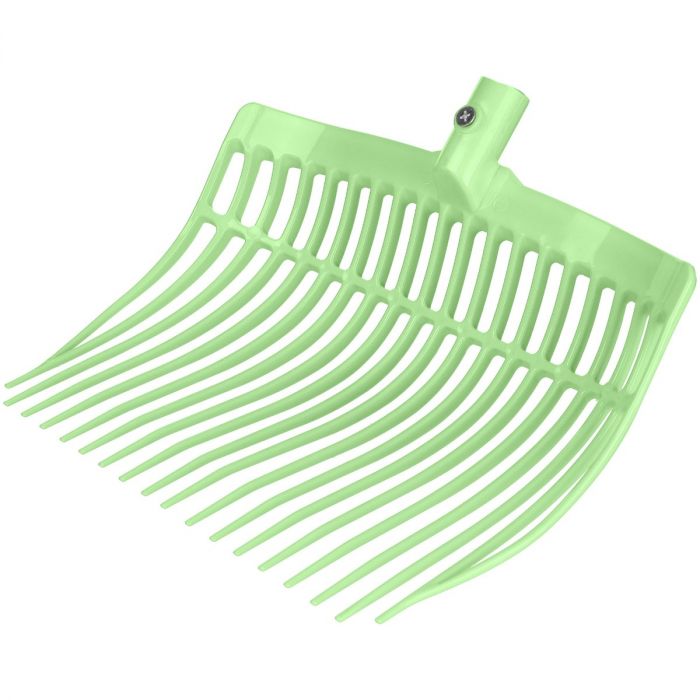 A lime green plastic manure fork head designed for cleaning horse stalls, with a reinforced rounded plastic head and multiple prongs.