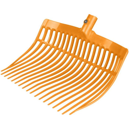 an orange plastic manure fork head designed for cleaning horse stalls, with a reinforced rounded plastic head and multiple prongs.