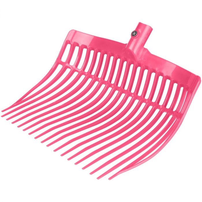 A pink plastic manure fork head designed for cleaning horse stalls, with a reinforced rounded plastic head and multiple prongs.