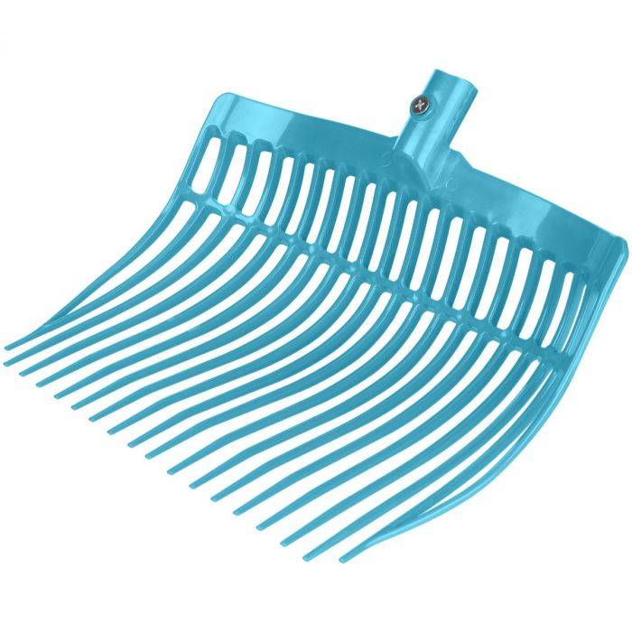 A turquoise plastic manure fork head designed for cleaning horse stalls, with a reinforced rounded plastic head and multiple prongs.