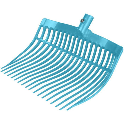 A turquoise plastic manure fork head designed for cleaning horse stalls, with a reinforced rounded plastic head and multiple prongs.