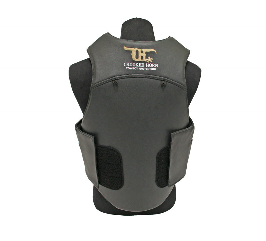 the back of black pleather bull rider vest from crooked horn on a mannequinn