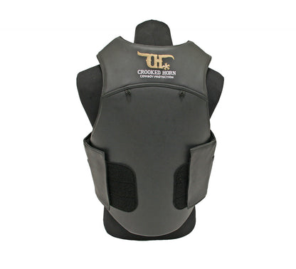 the back of black pleather bull rider vest from crooked horn on a mannequinn
