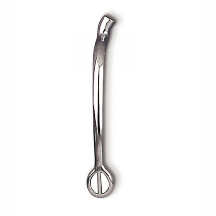 a stainless steel english riding spur on a white background