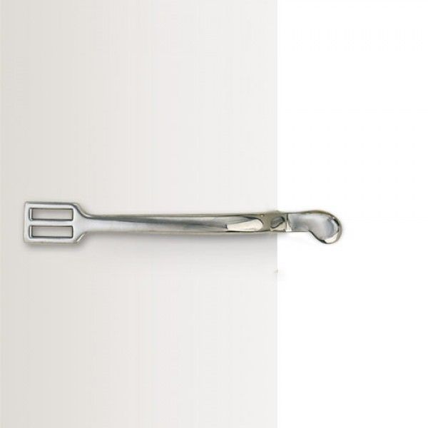 a stainless steel english riding spur on a white background
