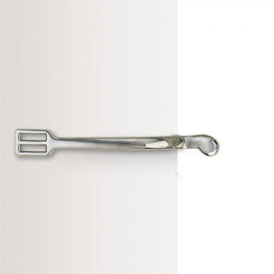 a stainless steel english riding spur on a white background
