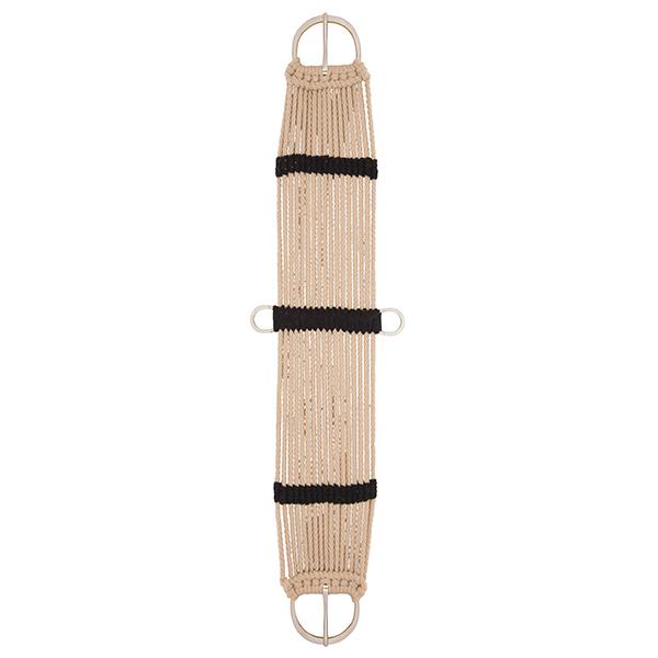 tan rope western cinch for horses made of rayon with buckles on a white background