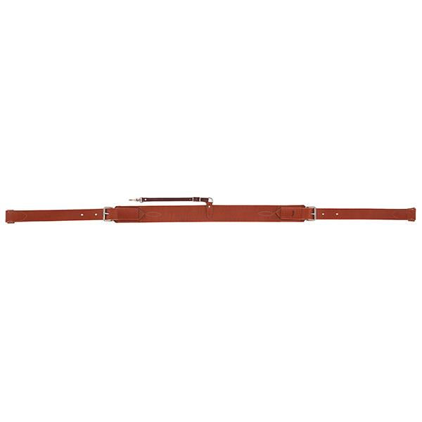 Chestnut colored leather back cinch for horses with buckles on a white background