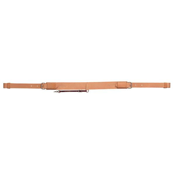 Honey colored leather back cinch for horses with buckles on a white background