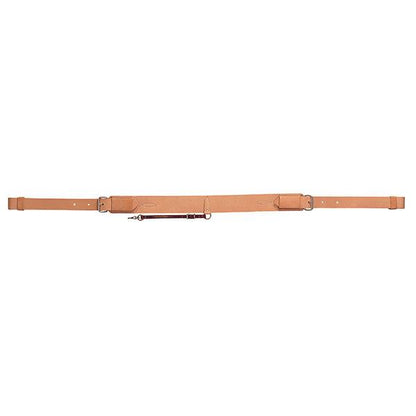 Honey colored leather back cinch for horses with buckles on a white background