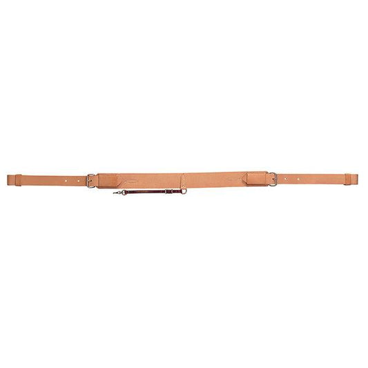 Honey colored leather back cinch for horses with buckles on a white background