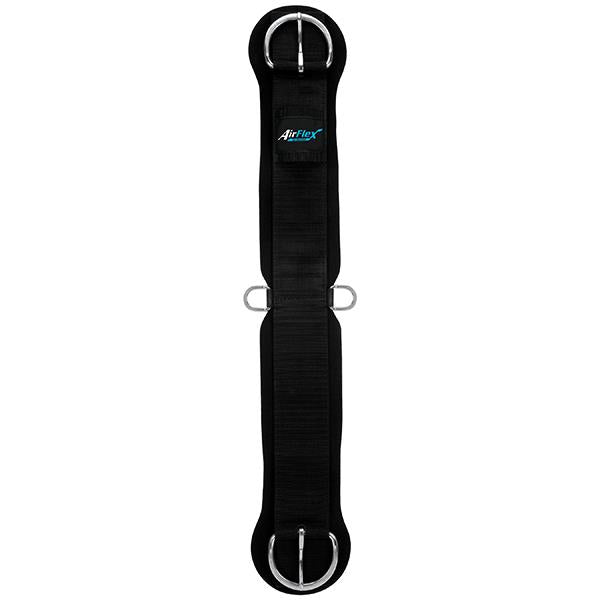 A black straight cinch with airflow channels, featuring stainless steel hardware, padded flex edges, nylon webbing, and reinforced D-rings.