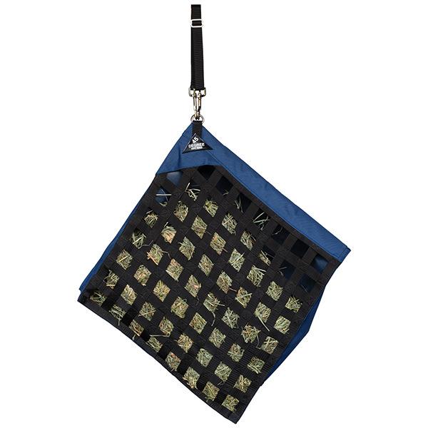 a navy slow feed hay bag for horses hanging at a 45 degree angle on a white background