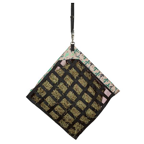 a cactus print slow feed hay bag for horses hanging at a 45 degree angle on a white background