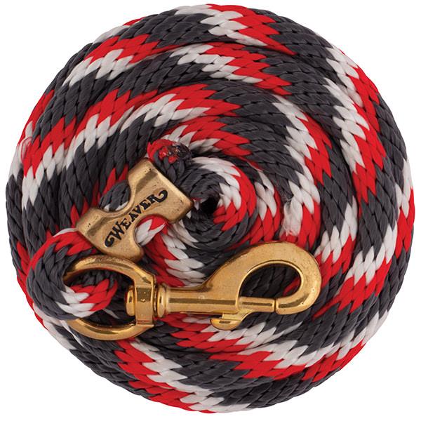 black, red and white coiled lead rope for horses with a brass clip on a white background