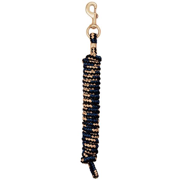 tan, navy and black coiled lead rope for horses with a brass clip on a white background