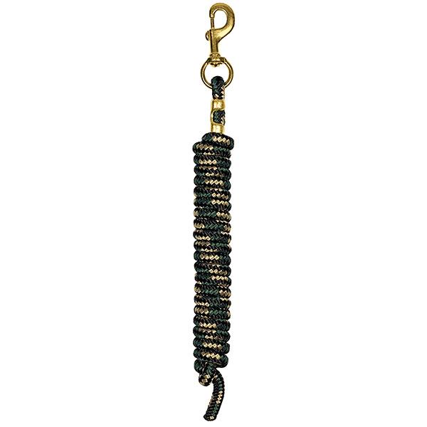 tan, green and black coiled lead rope for horses with a brass clip on a white background