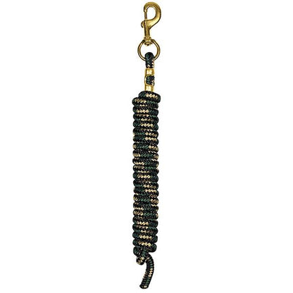 tan, green and black coiled lead rope for horses with a brass clip on a white background