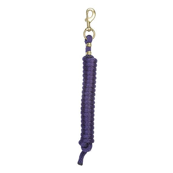 navy coiled lead rope for horses with a brass clip on a white background