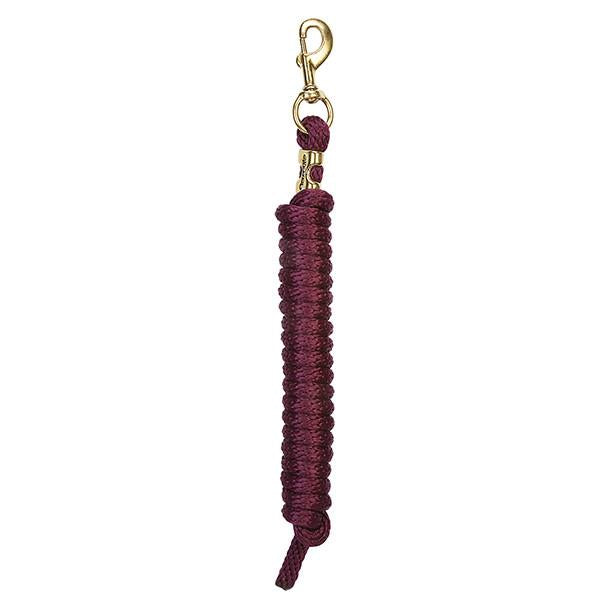 burgundy coiled lead rope for horses with a brass clip on a white background