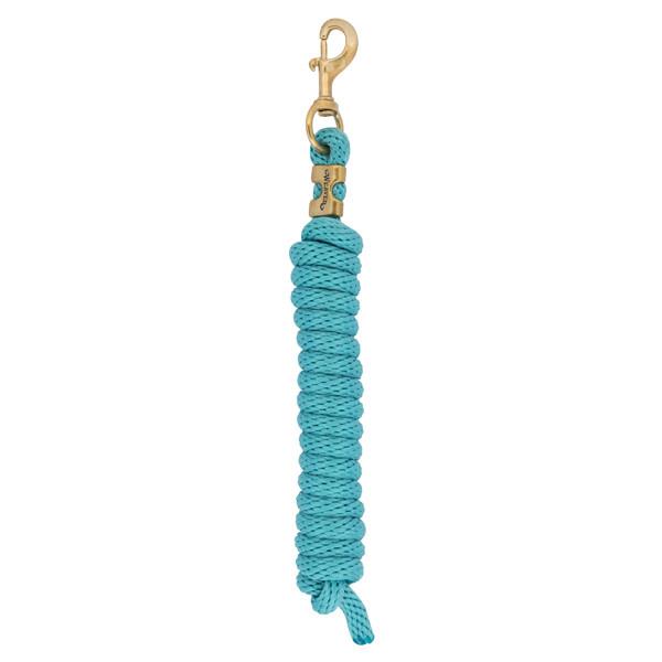 light blue coiled lead rope for horses with a brass clip on a white background