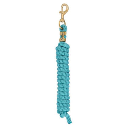 light blue coiled lead rope for horses with a brass clip on a white background