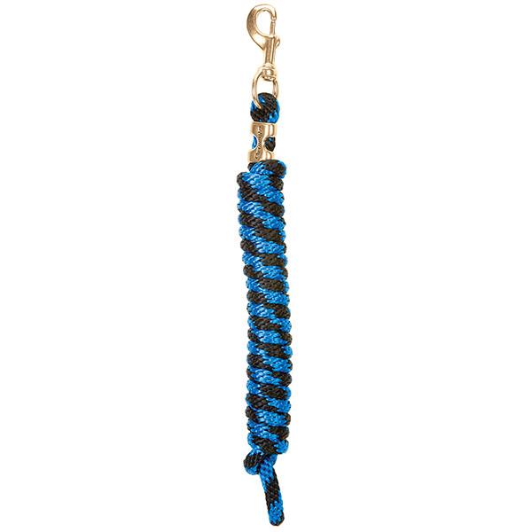 blue and black coiled lead rope for horses with a brass clip on a white background