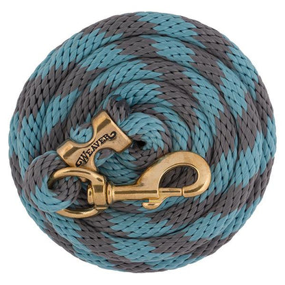 blue and grey coiled lead rope for horses with a brass clip on a white background