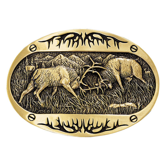 Attitude™ Fighting Elk Brass Oval Buckle by Montana Silversmiths®