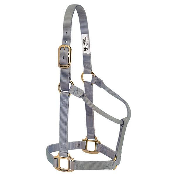 grey non-adjustable nylon horse halter with brass plated hardware.