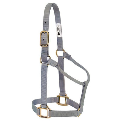 grey non-adjustable nylon horse halter with brass plated hardware.
