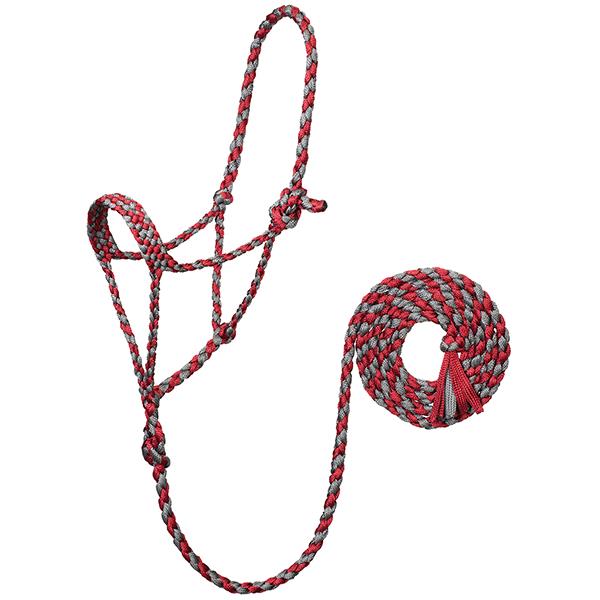A braided rope halter for horses with a lead, red and gray in color, on a white background.