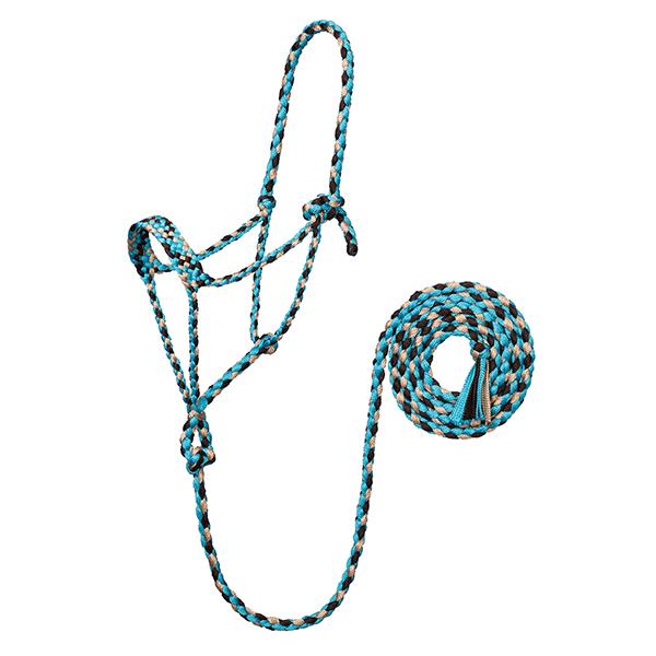 A braided rope halter for horses with a lead, turquoise, brown  and tan in color, on a white background.
