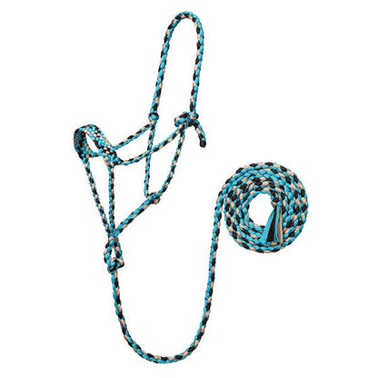 A braided rope halter for horses with a lead, turquoise, brown  and tan in color, on a white background.
