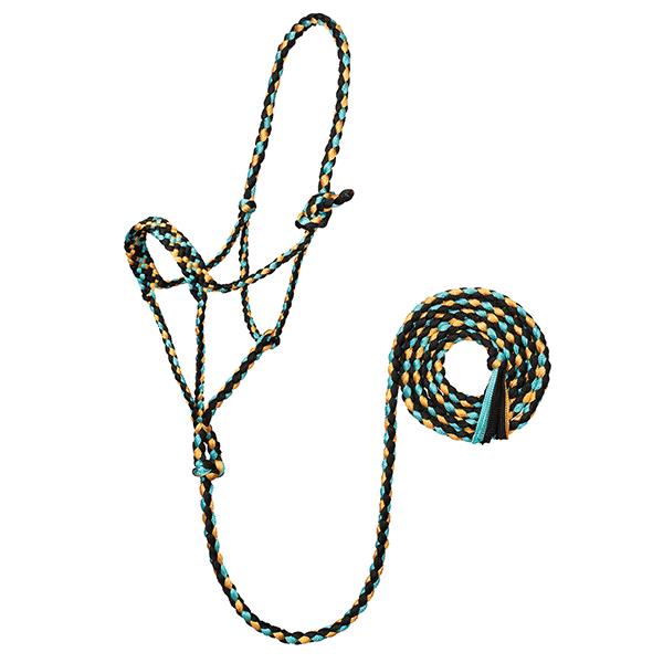 A braided rope halter for horses with a lead, black, yellow and turquoise in color, on a white background.