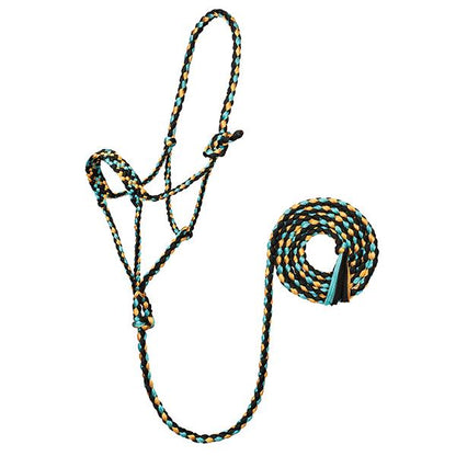 A braided rope halter for horses with a lead, black, yellow and turquoise in color, on a white background.