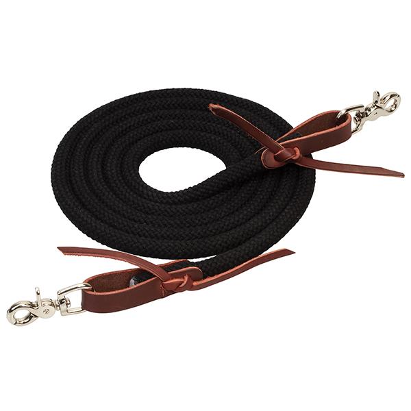 A black coiled bamboo trail rein with red leather ends and trigger snaps on a white background