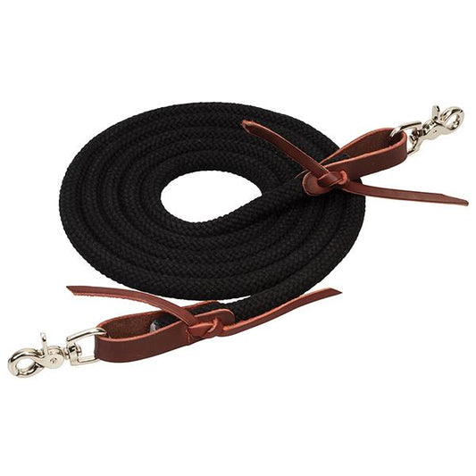 A black coiled bamboo trail rein with red leather ends and trigger snaps on a white background