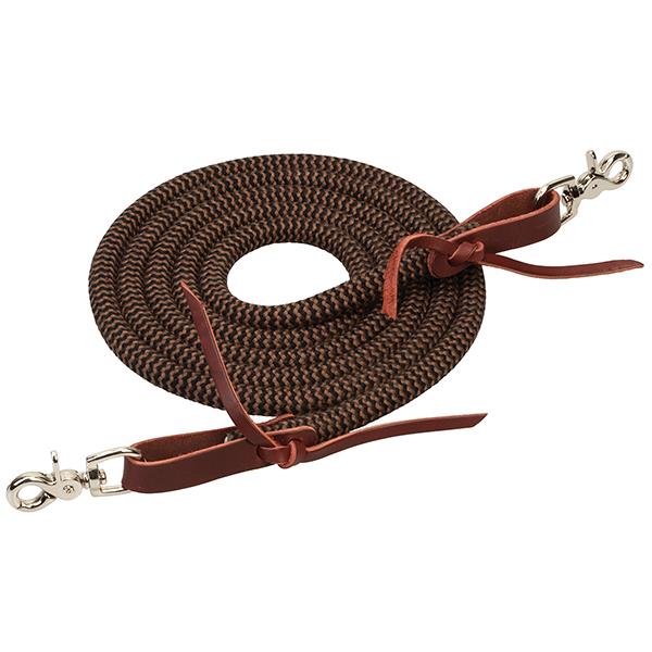 A brown coiled bamboo trail rein with red leather ends and trigger snaps on a white background